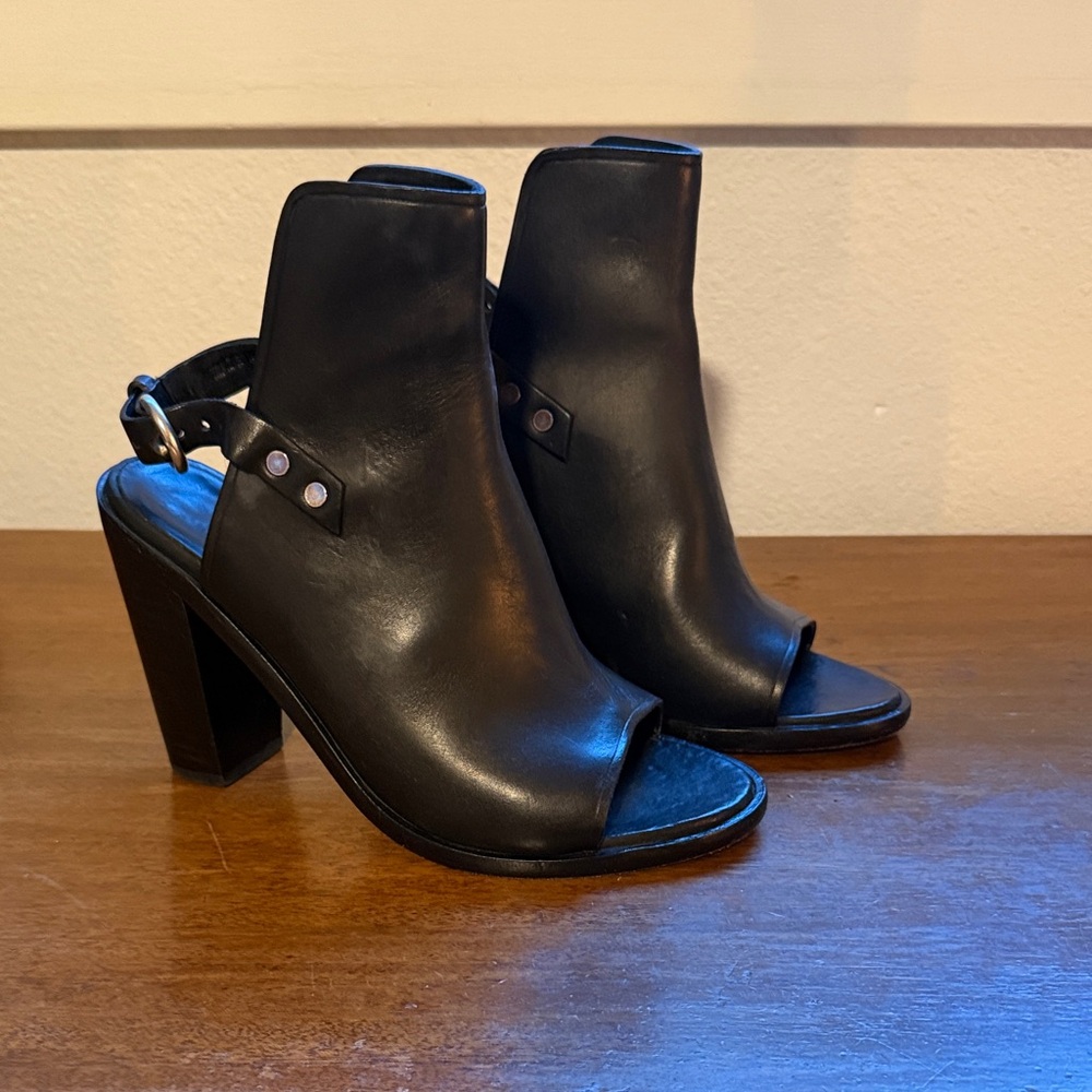 Rag & Bone Wyatt Black Leather Peep Toe Slingback Heels Sandals Womans Size 35